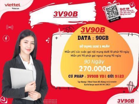 Đăng ký gói 3V90B Viettel 270k có 90Gb, Miễn phí gọi nội ngoại mạng/ 3 tháng