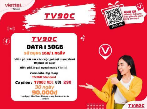 Gói cước TV90C Viettel 30Gb +Free Gọi Nội Ngoại Mạng/ 1 tháng