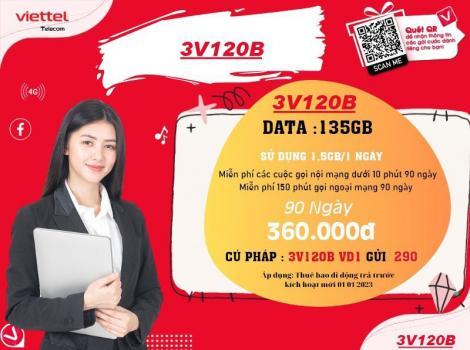 Đăng ký gói 3V120B Viettel 135Gb, Miễn phí gọi nội ngoại mạng/ 3 tháng