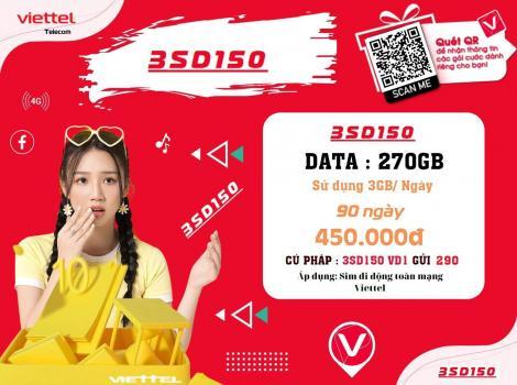 Đăng ký gói 3SD150 Viettel 450k có 270Gb/ 3 tháng