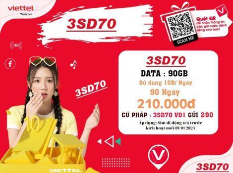 Đăng ký gói 3SD70 Viettel 210k có 90Gb/ 3 tháng