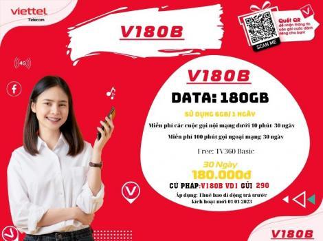 Đăng ký gói V180B Viettel 180Gb, Miễn phí gọi nội mạng, 100 phút ngoại mạng/ tháng
