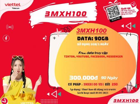 Đăng ký gói 3MXH100 Viettel 300k 3 tháng 90Gb+ Free xem TikTok, YouTube, Facebook
