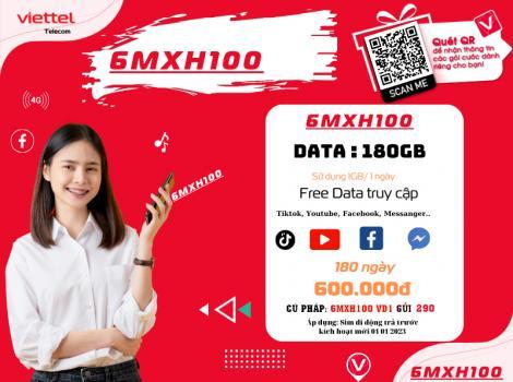 Đăng ký gói 6MXH100 Viettel 600K 180Gb+ Free xem TikTok, YouTube, Fb/ 180 ngày