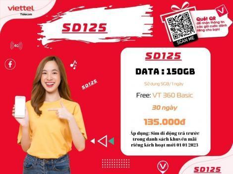 Gói cước 125K ưu đãi 5GB/ 1 ngày data tốc độ cao Viettel 1 tháng.
