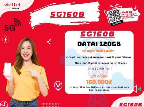 Gia Hạn Gói 5G160B Viettel 160K Free Nội Mạng<10ph Và 120Gb/ 1 Tháng.
