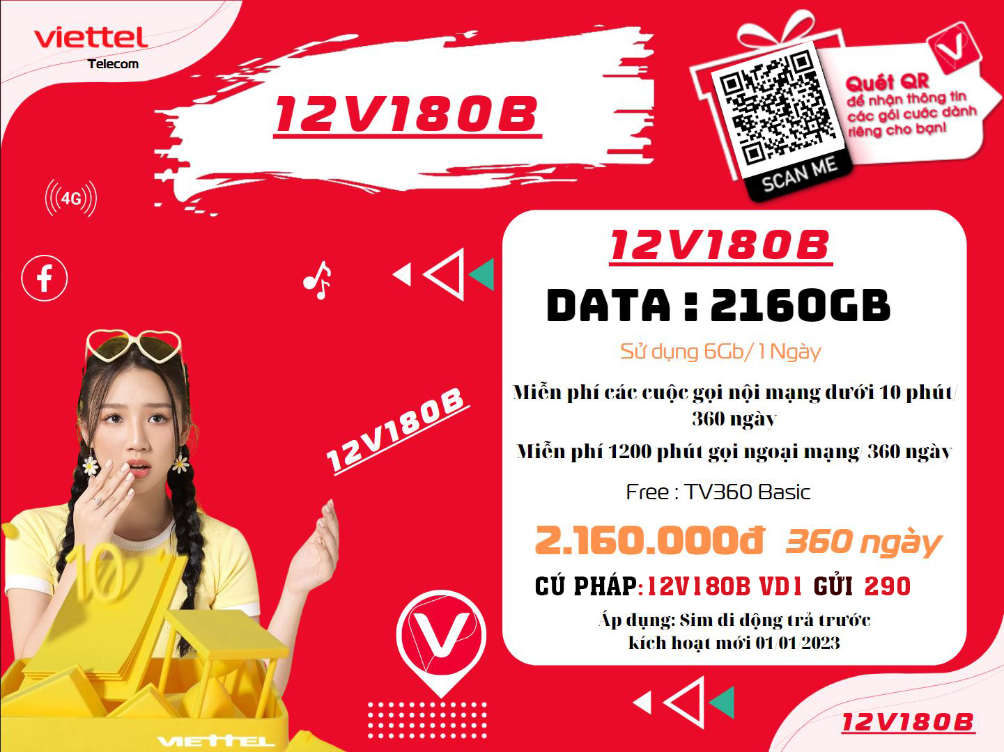 Gói cước 12v180b Viettel