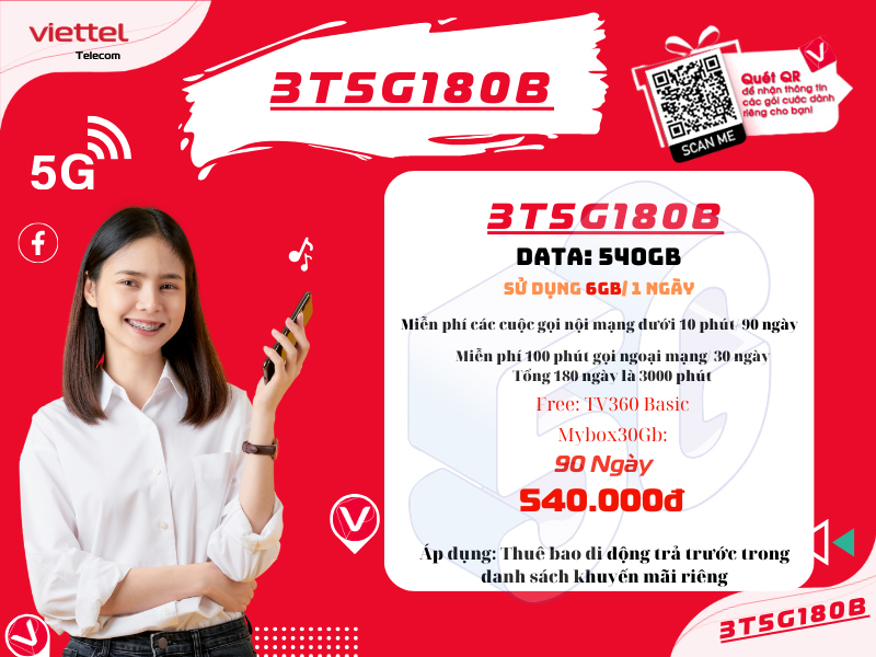 Gói 3T5G180B Viettel