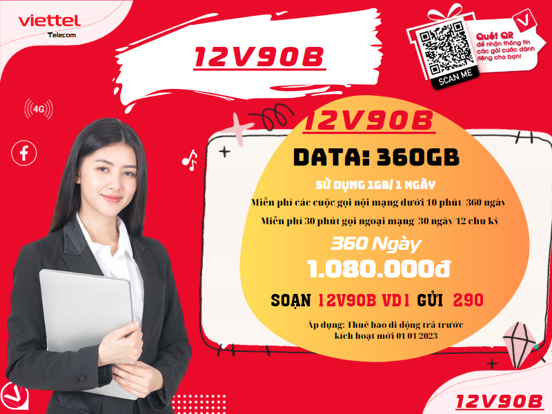 Gói cước 12V90B Viettel